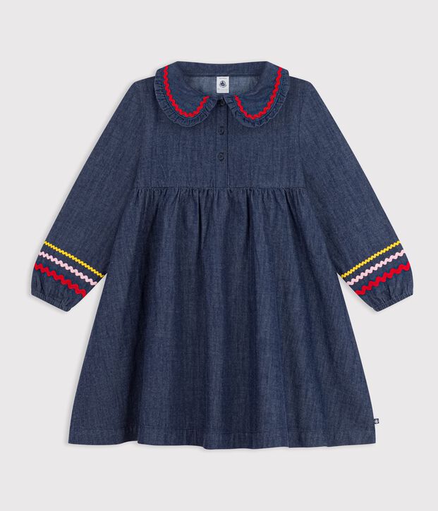 Children's plain, long-sleeved denim dress blue