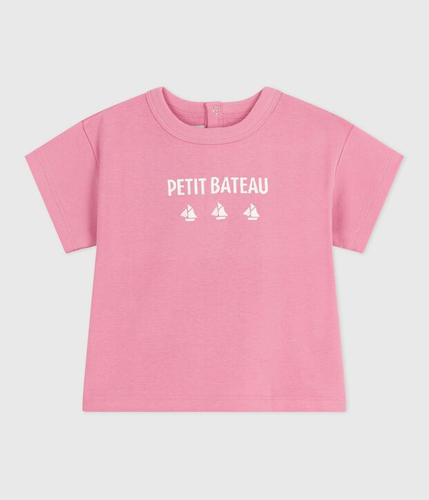 Babies' short-sleeved T-shirt with a cat design pink
