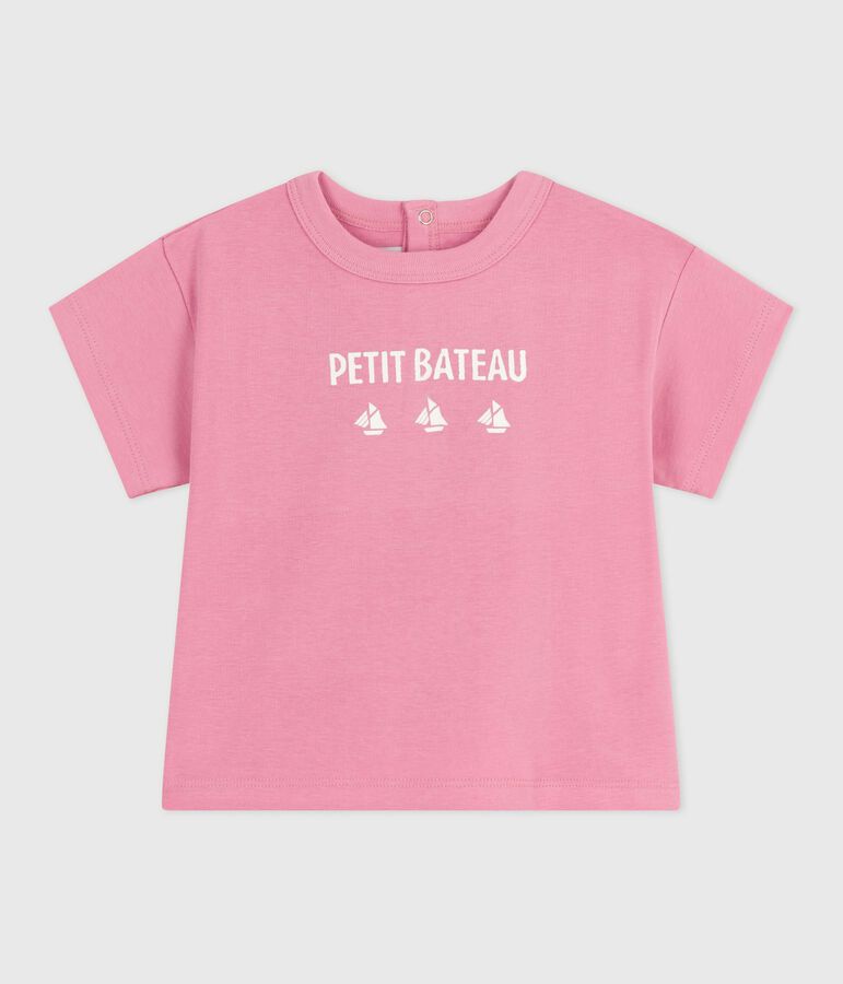 Babies' short-sleeved T-shirt with a cat design pink