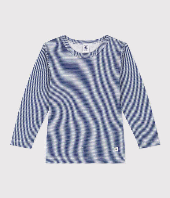 Children's' long-sleeved stripy T-shirt in wool and cotton MEDIEVAL blue/MARSHMALLOW white
