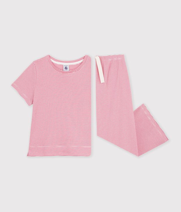 Children's wide-leg cotton pyjamas with stripes pink/white