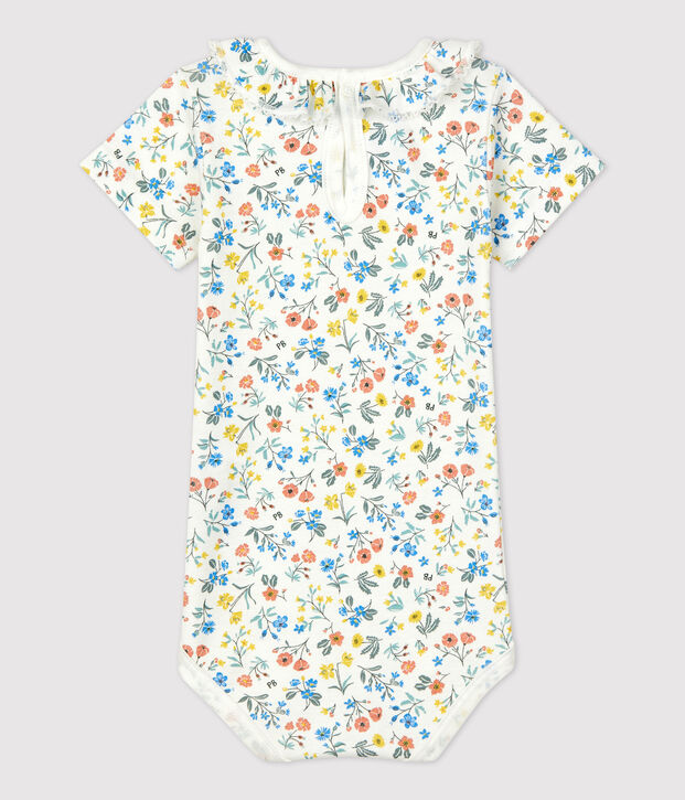 Babies' Cotton Floral Print Bodysuit With Ruffle Collar white/multicolor