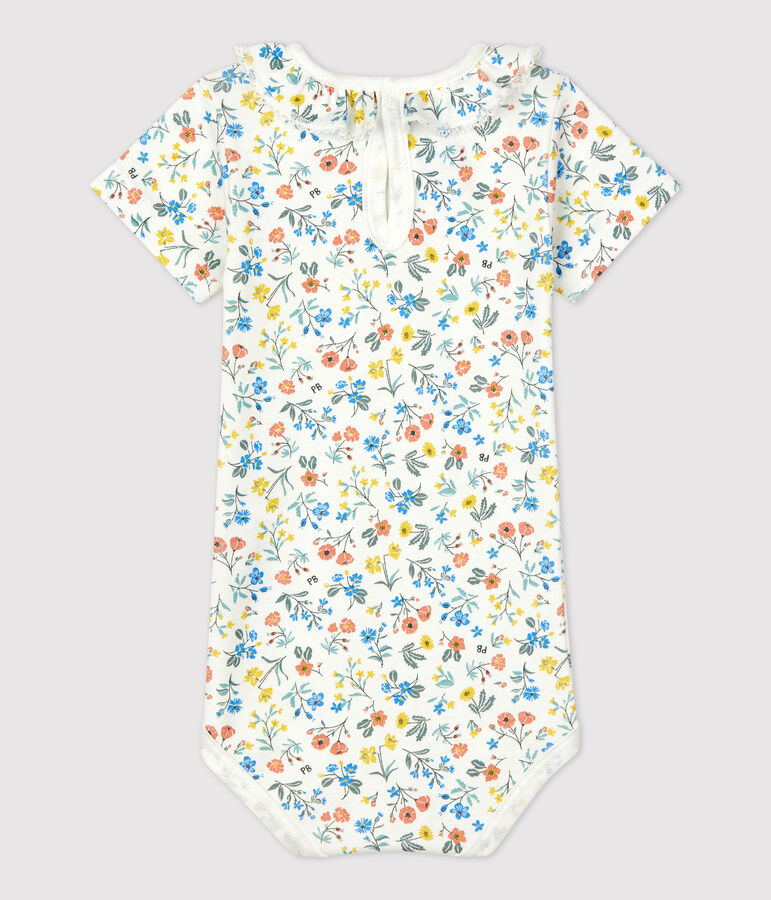 Babies' Cotton Floral Print Bodysuit With Ruffle Collar white/multicolor