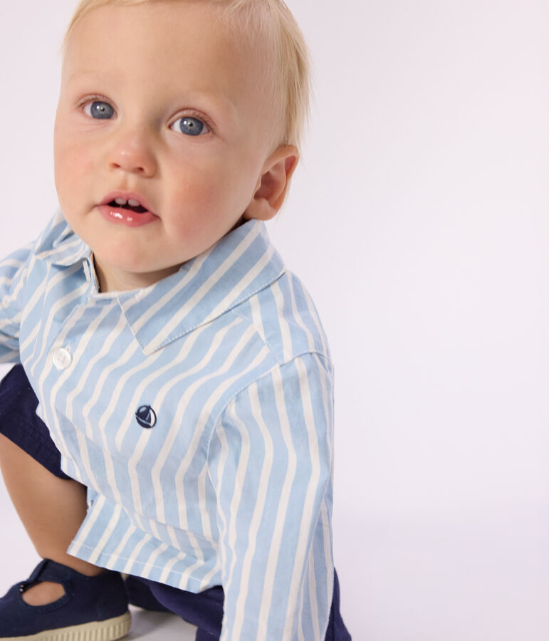 Babies' long-sleeved stripy cotton shirt blue/white
