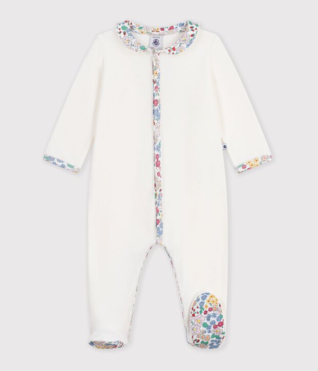 Babies' pyjama suit in plain velour with a collar and floral print detail white