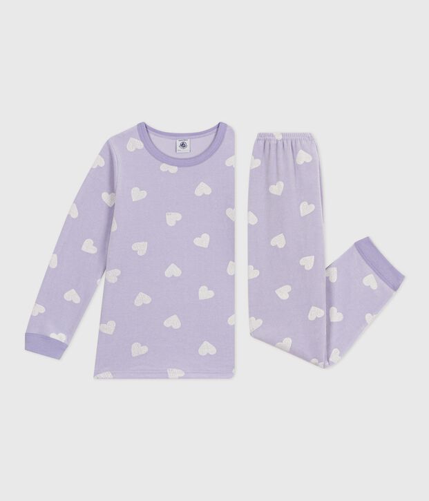 Children's heart-print velour pyjamas purple/white
