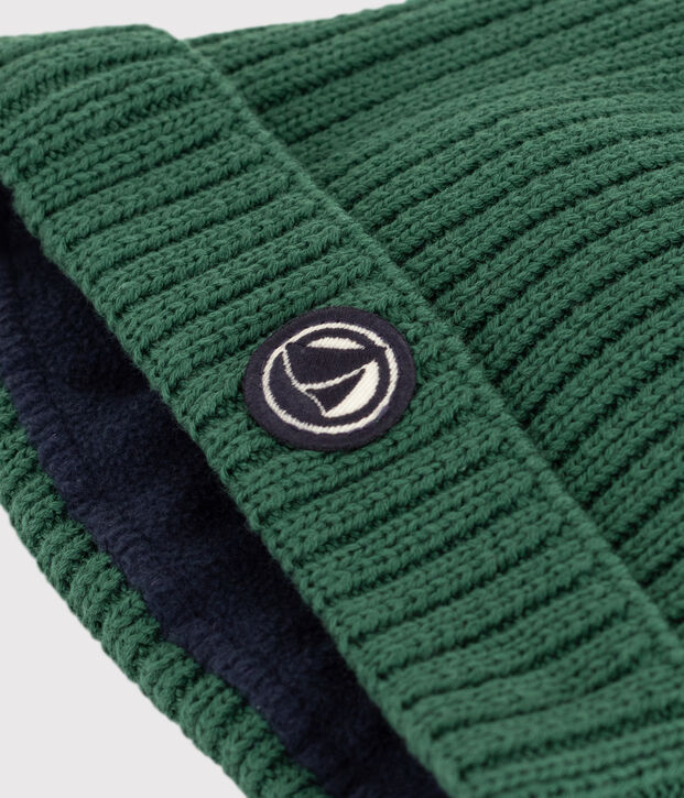 Babies' knitted beanie with a fleece lining green