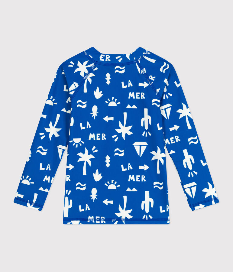 Children's long-sleeved printed anti-UV swim T-shirt blue/white