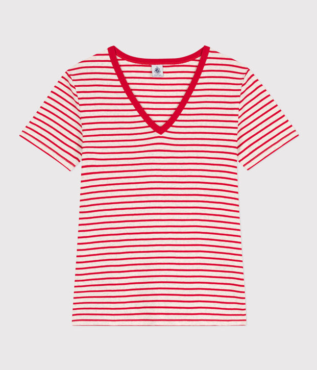 Women's Iconic Cotton V-Neck T-Shirt beige/red