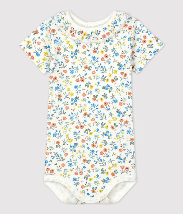 Babies' Cotton Floral Print Bodysuit With Ruffle Collar white/multicolor