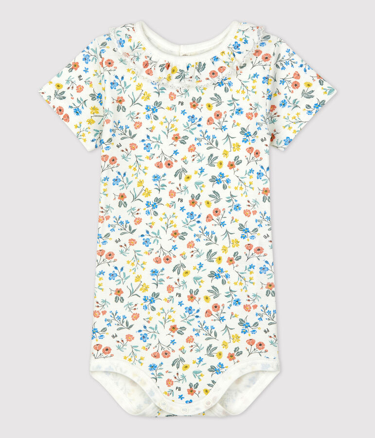 Babies' Cotton Floral Print Bodysuit With Ruffle Collar white/multicolor
