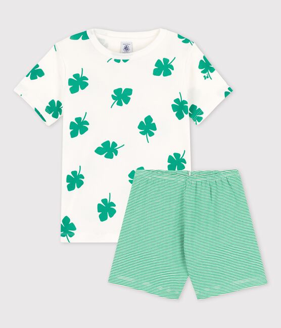 Boys' Palm Themed Organic Cotton Short Pyjamas MARSHMALLOW white/GAZON green