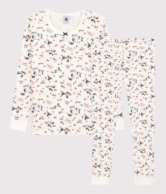 Girls' Snugfit Paris Print Organic Cotton Pyjamas MARSHMALLOW white/MULTICO white