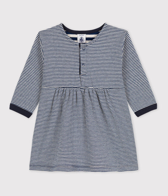 Babies' Long-Sleeved Tube-Knit Pinstriped Dress MEDIEVAL blue/MONTELIMAR