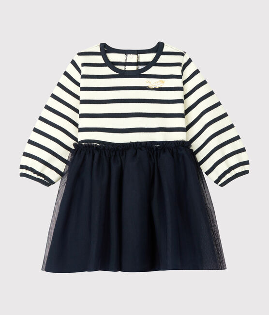 Baby Girls' Long-Sleeved Dual Material Dress COQUILLE beige/SMOKING blue