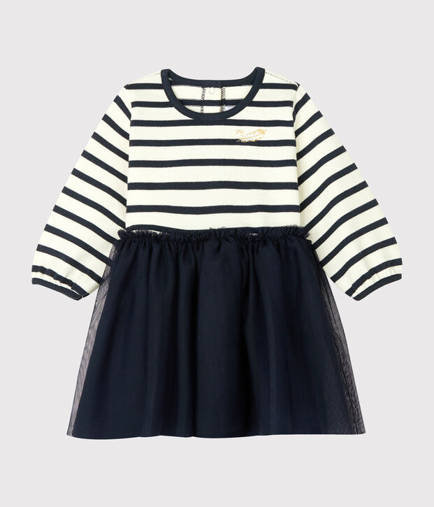 Baby Girls' Long-Sleeved Dual Material Dress white/blue