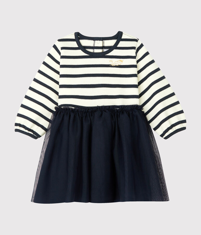 Baby Girls' Long-Sleeved Dual Material Dress white/blue