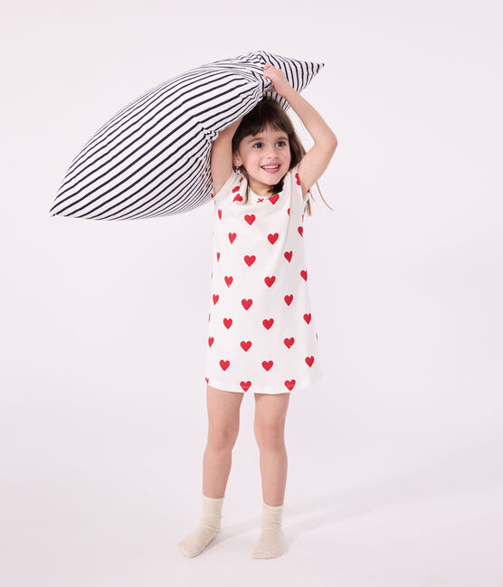 Girls' Heart Patterned Cotton Nightdress MARSHMALLOW white/TERKUIT red