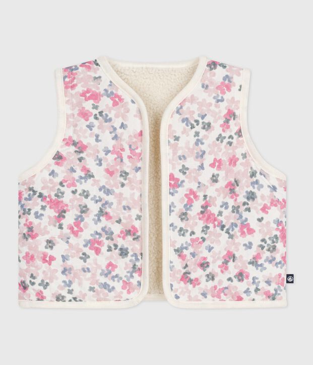 Babies' sleeveless cardigan in printed cotton poplin and sherpa Ecru/multicolor