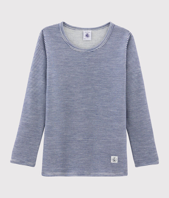 Children's Pinstriped Long-Sleeved Wool and Cotton T-Shirt MEDIEVAL blue/MARSHMALLOW white