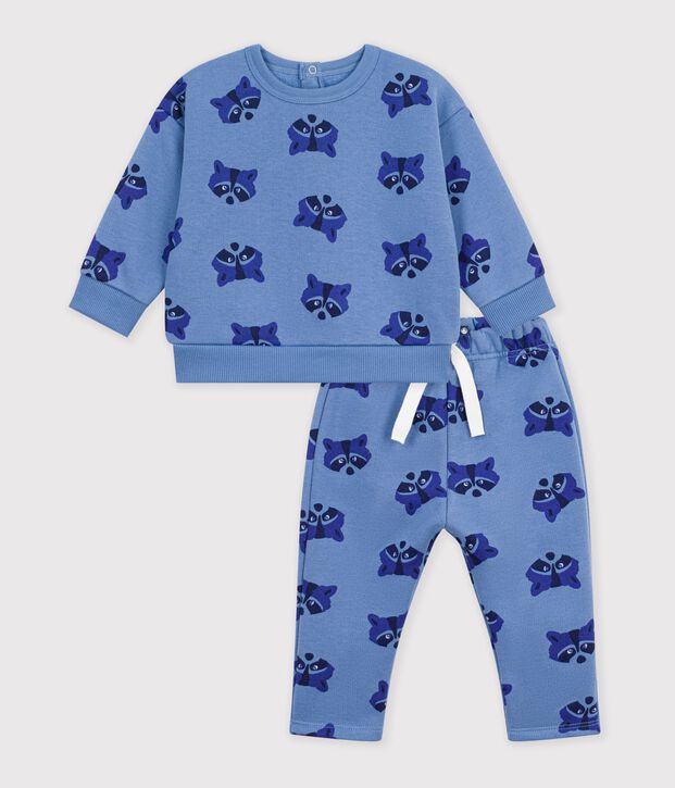 Babies' sweatshirt and trousers set in animal-themed printed cotton blue/multicolor
