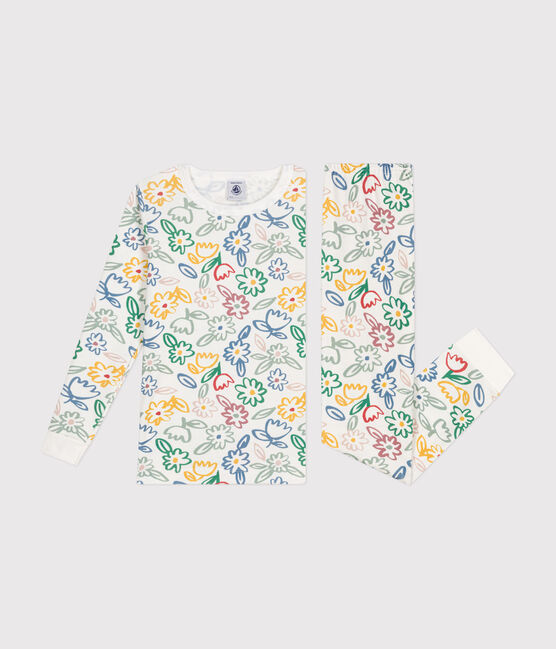 Children's fitted floral cotton print pyjamas MARSHMALLOW white/MULTICO white