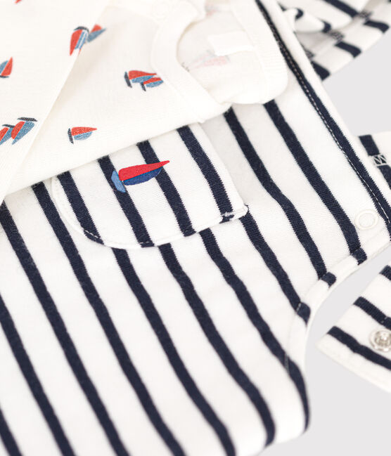 Babies' cotton dungarees and bodysuit set MARSHMALLOW white/SMOKING blue