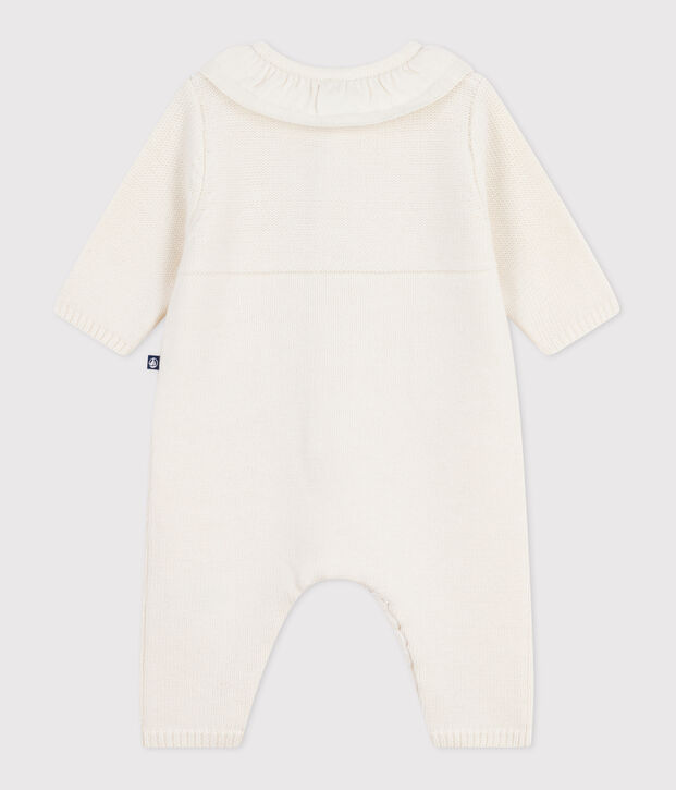 Babies' knitted playsuit with a collar and P'tit C&oelig;ur embroidery white