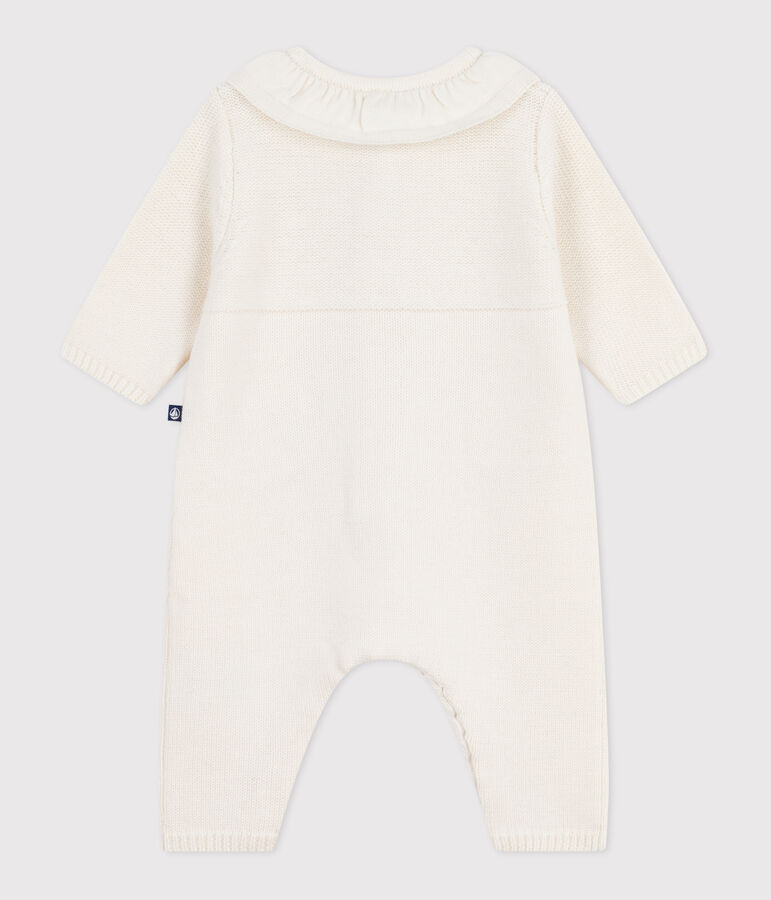 Babies' knitted playsuit with a collar and P'tit C&oelig;ur embroidery white