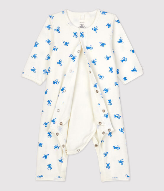 Babies' Footless Organic Cotton Bodyjama MARSHMALLOW white/BRASIER blue