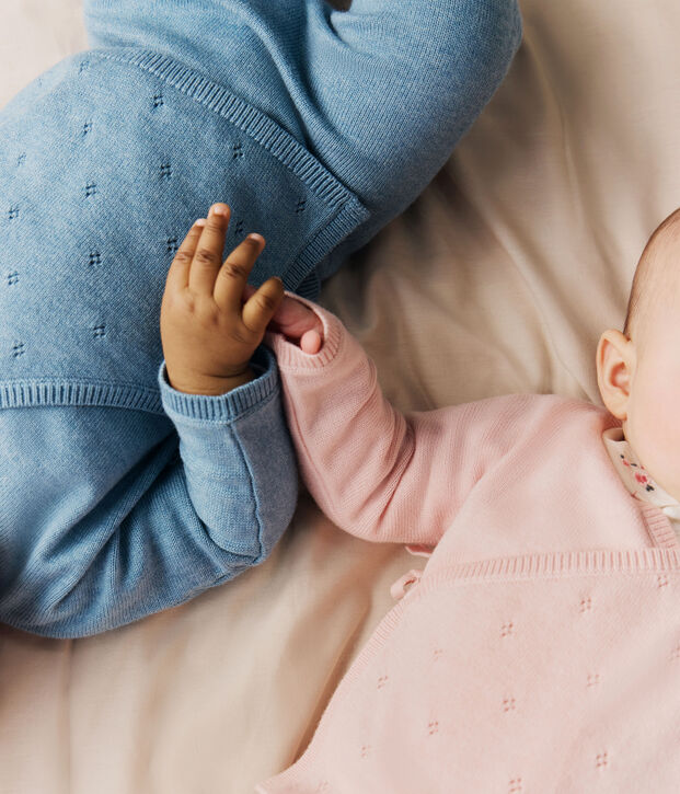 Babies' wool and cotton openwork knit wrapover top blue