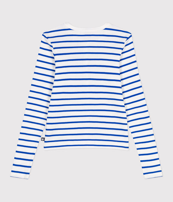 Women's plain cotton cardigan MARSHMALLOW white/PERSE blue