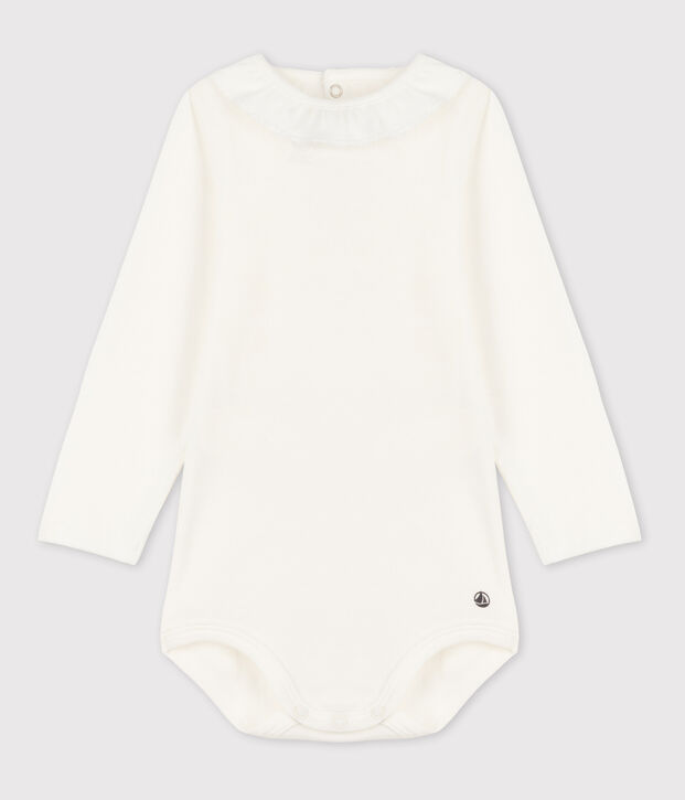 Babies' Long-Sleeved Cotton Bodysuit With Ruff Collar white