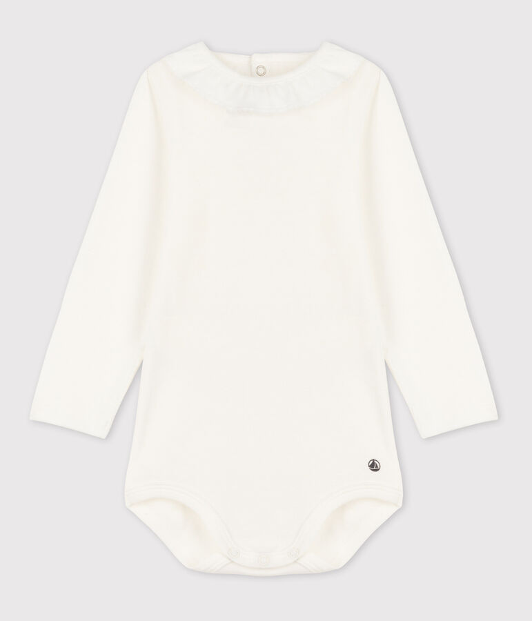 Babies' Long-Sleeved Cotton Bodysuit With Ruff Collar white