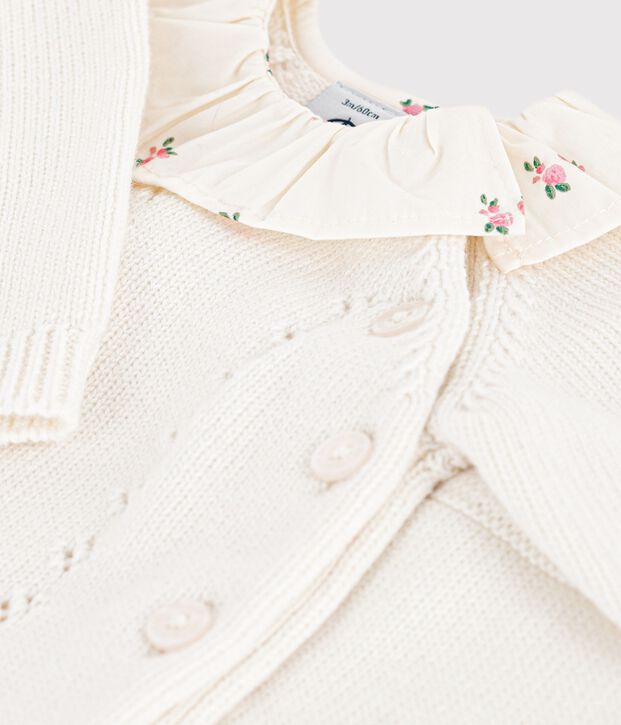 Babies' 2-piece set in wool and cotton with a flower-patterned ruff white