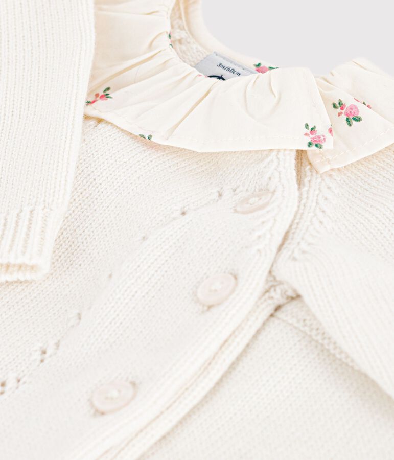 Babies' 2-piece set in wool and cotton with a flower-patterned ruff MARSHMALLOW white