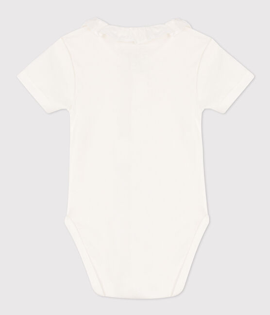Babies' Short-Sleeved Cotton Bodysuit with Collar MARSHMALLOW white