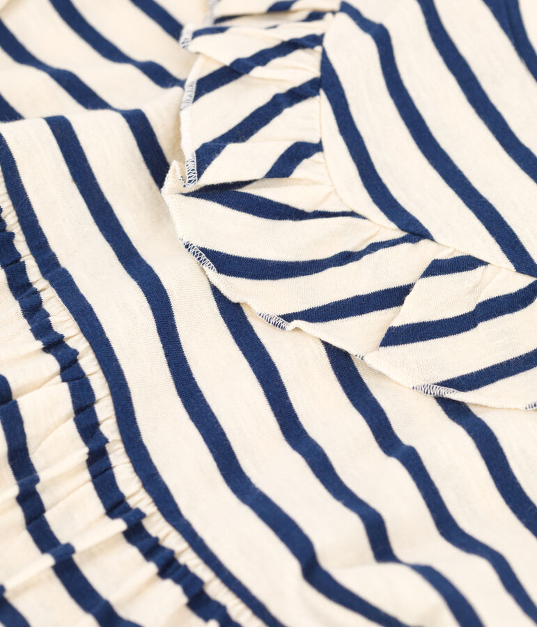 Girls' Stripy Short-Sleeved Cotton Dress Ecru/blue