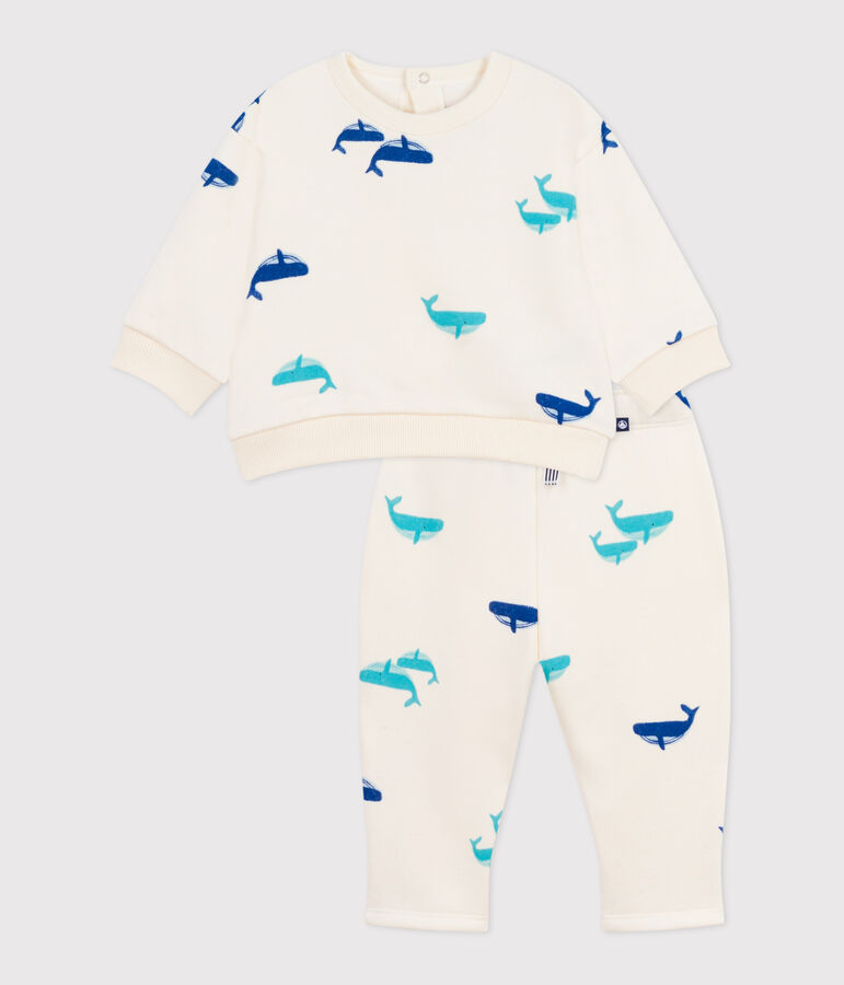 Babies' sweatshirt and trousers set in whale-print cotton Ecru/multicolor