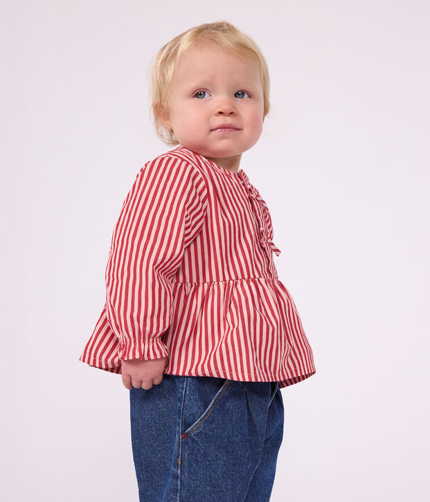 Babies' long-sleeved stripy cotton blouse pink/pink