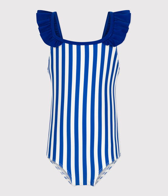 Children's one-piece stripy swimsuit SURF blue/MARSHMALLOW white