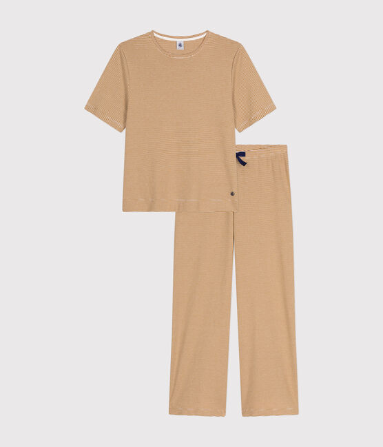 Women's stripy cotton pyjamas CUIVRE brown/MARSHMALLOW