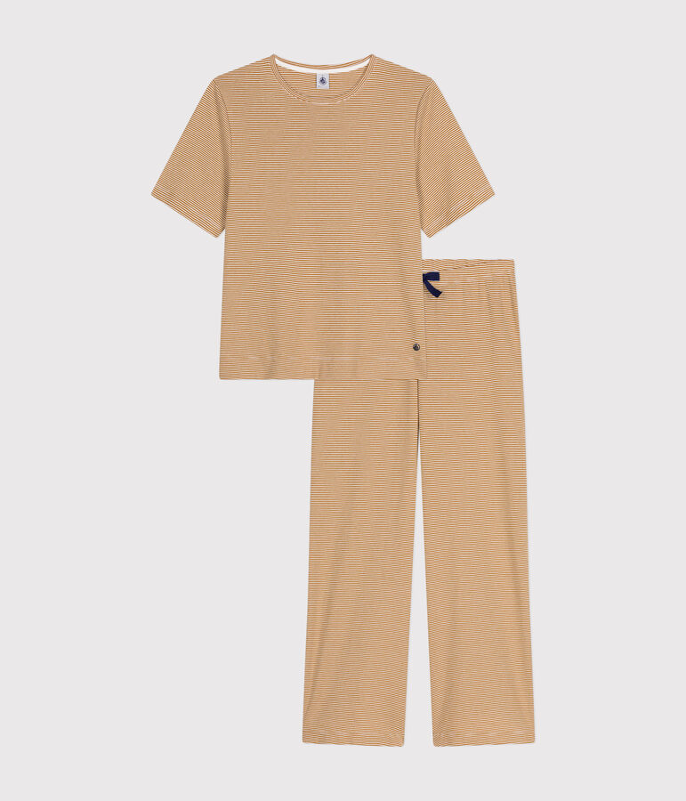 Women's stripy cotton pyjamas CUIVRE brown/MARSHMALLOW