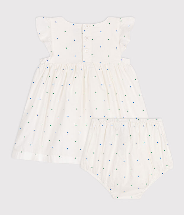Babies' white cotton dress and bloomers printed with spots white/multicolor