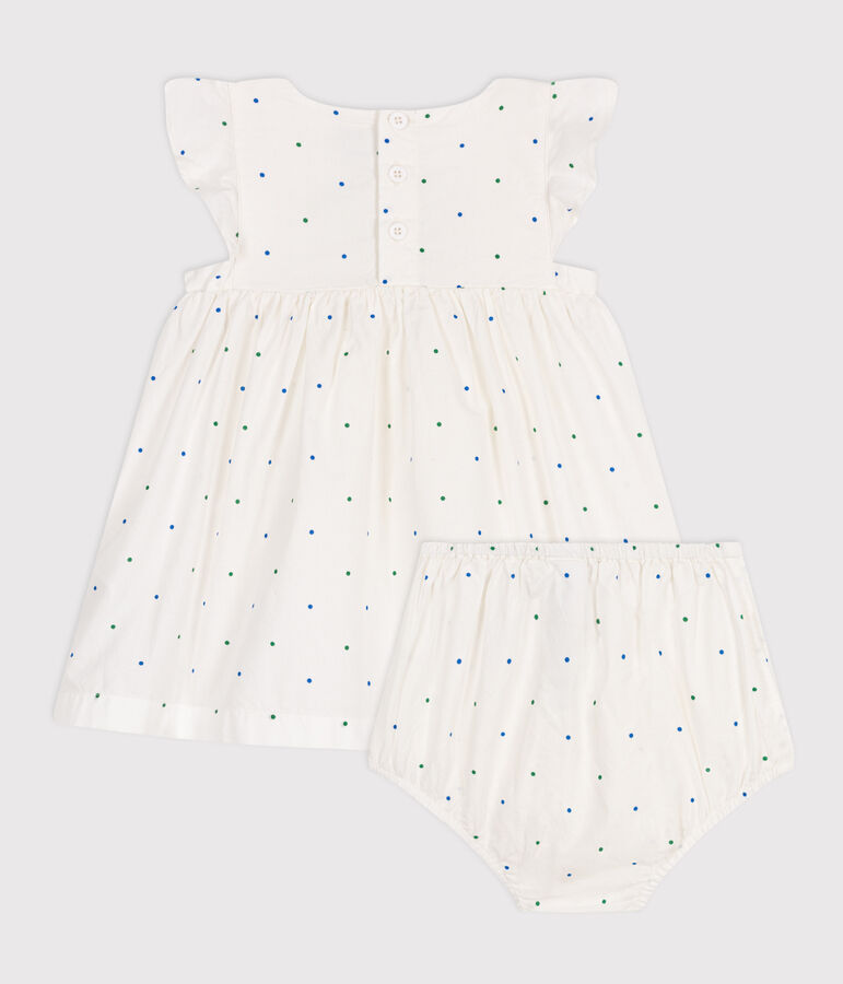 Babies' white cotton dress and bloomers printed with spots white/multicolor