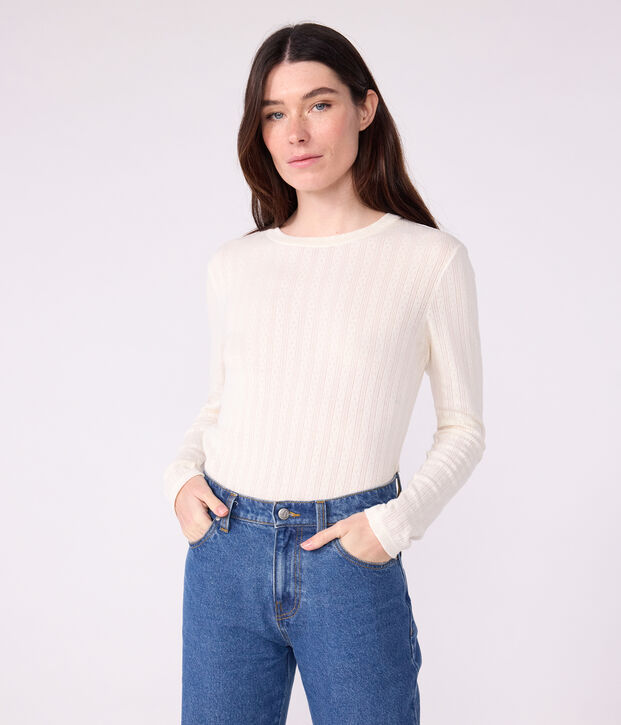 Women's Iconic long-sleeved openwork cotton T-shirt MILK