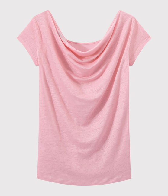 Women's iridescent linen tee with cowl neck at the back BABYLONE pink/ARGENT grey