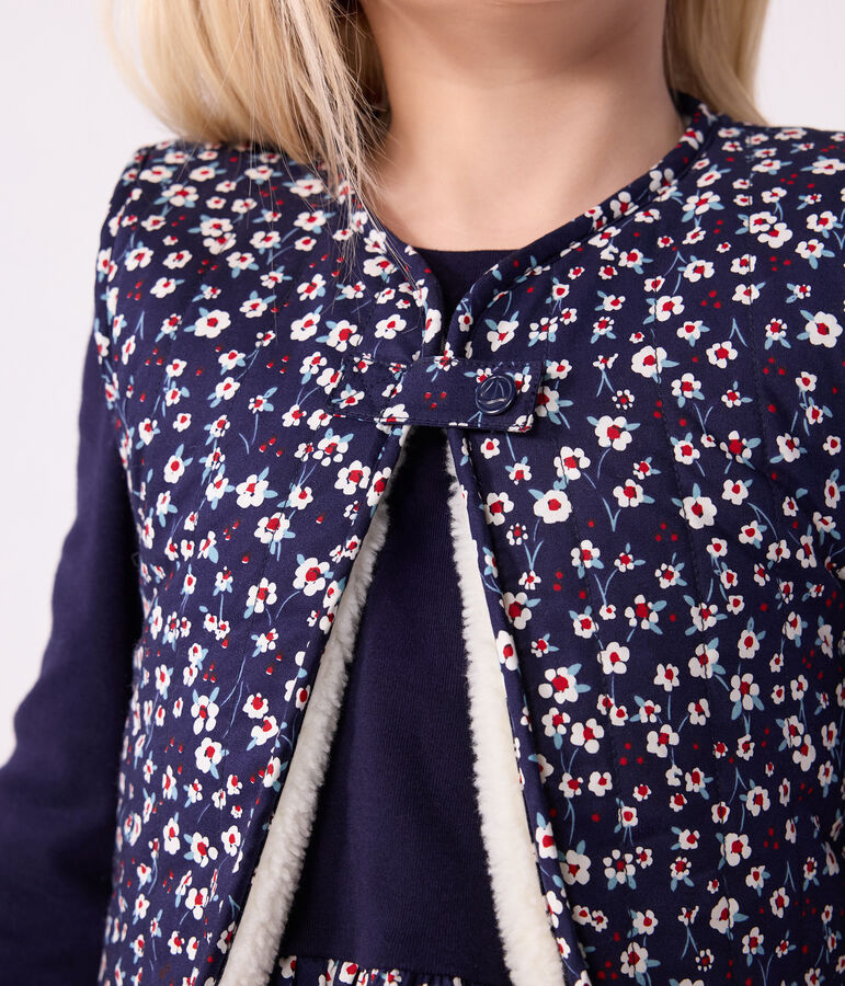 Children's sleeveless cardigan in printed cotton poplin and sherpa blue/multicolor