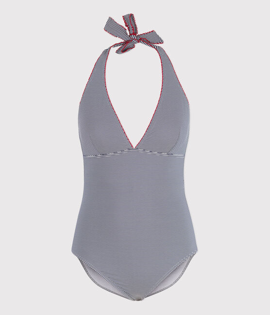 Women's one-piece striped swimsuit MEDIEVAL blue/MARSHMALLOW white