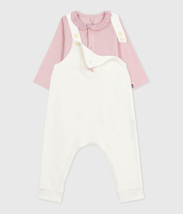 Babies' dungarees in plain cotton with stylish details Ecru/pink